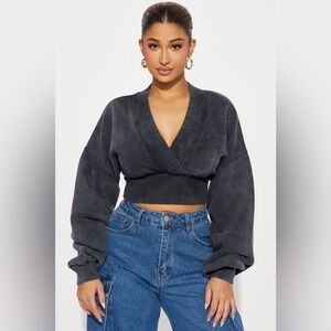 Cropped Wrap Pullover Sweater in Washed Charcoal